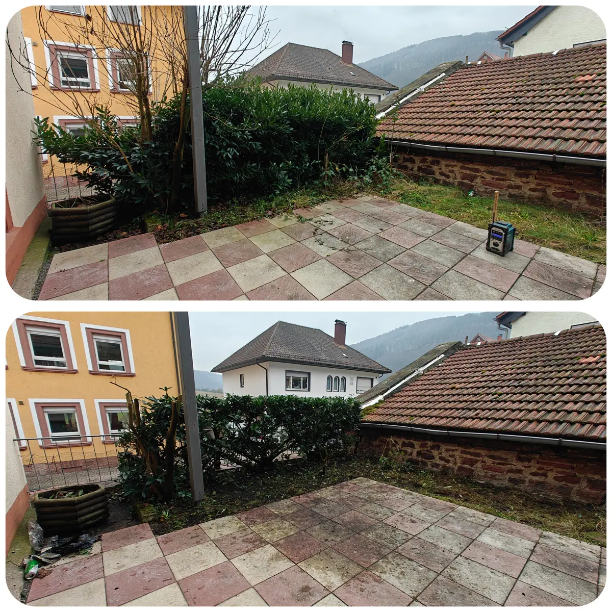 Vorher-Nachher: zugewachsene Kirschlorbeerhecke an einer Terrasse in Neckargemünd, nachher gekürzt und in Form geschnitten, Wiesenstreifen gemäht